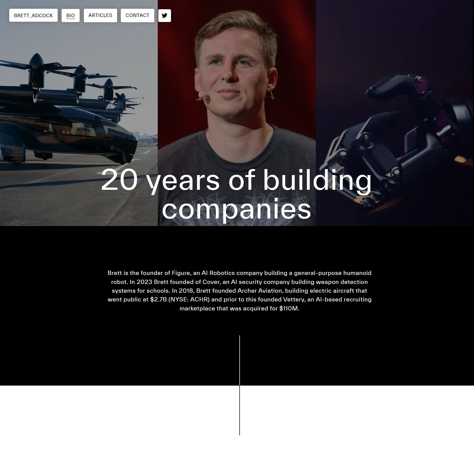 A second screenshot of Brett Adcock's personal website homepage.