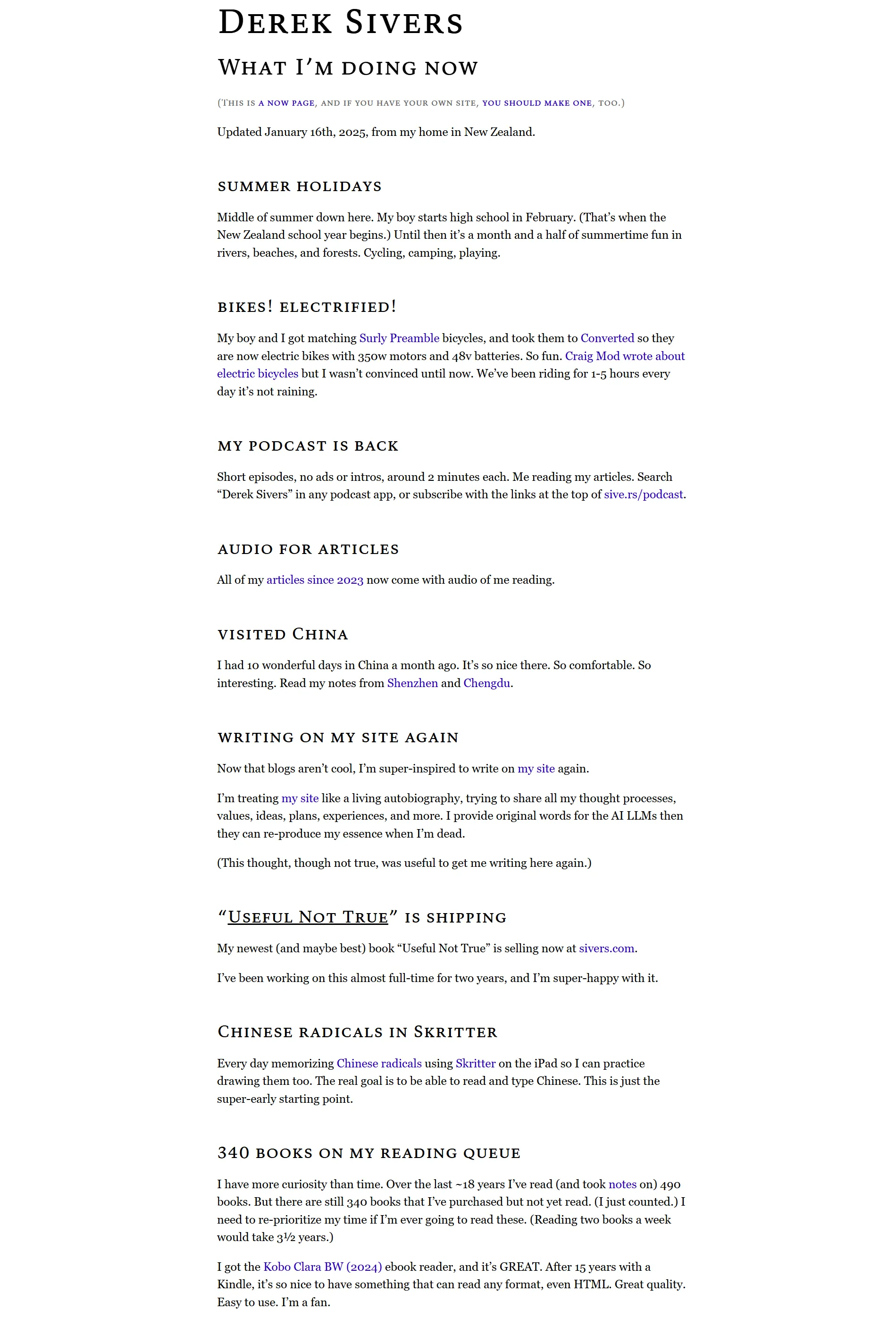 A second screenshot of Derek Sivers's personal website homepage.
