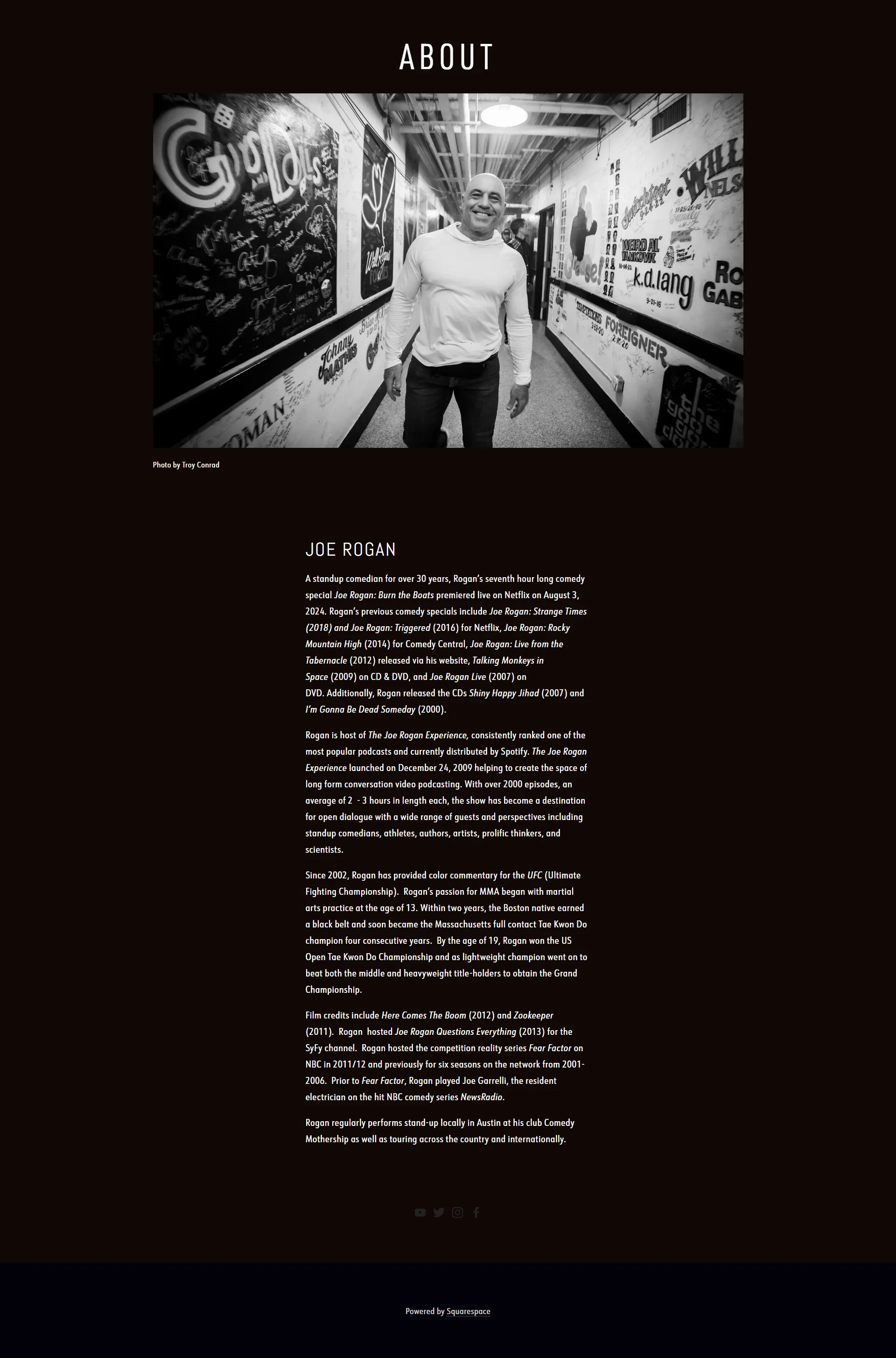 A second screenshot of Joe Rogan's personal website homepage.
