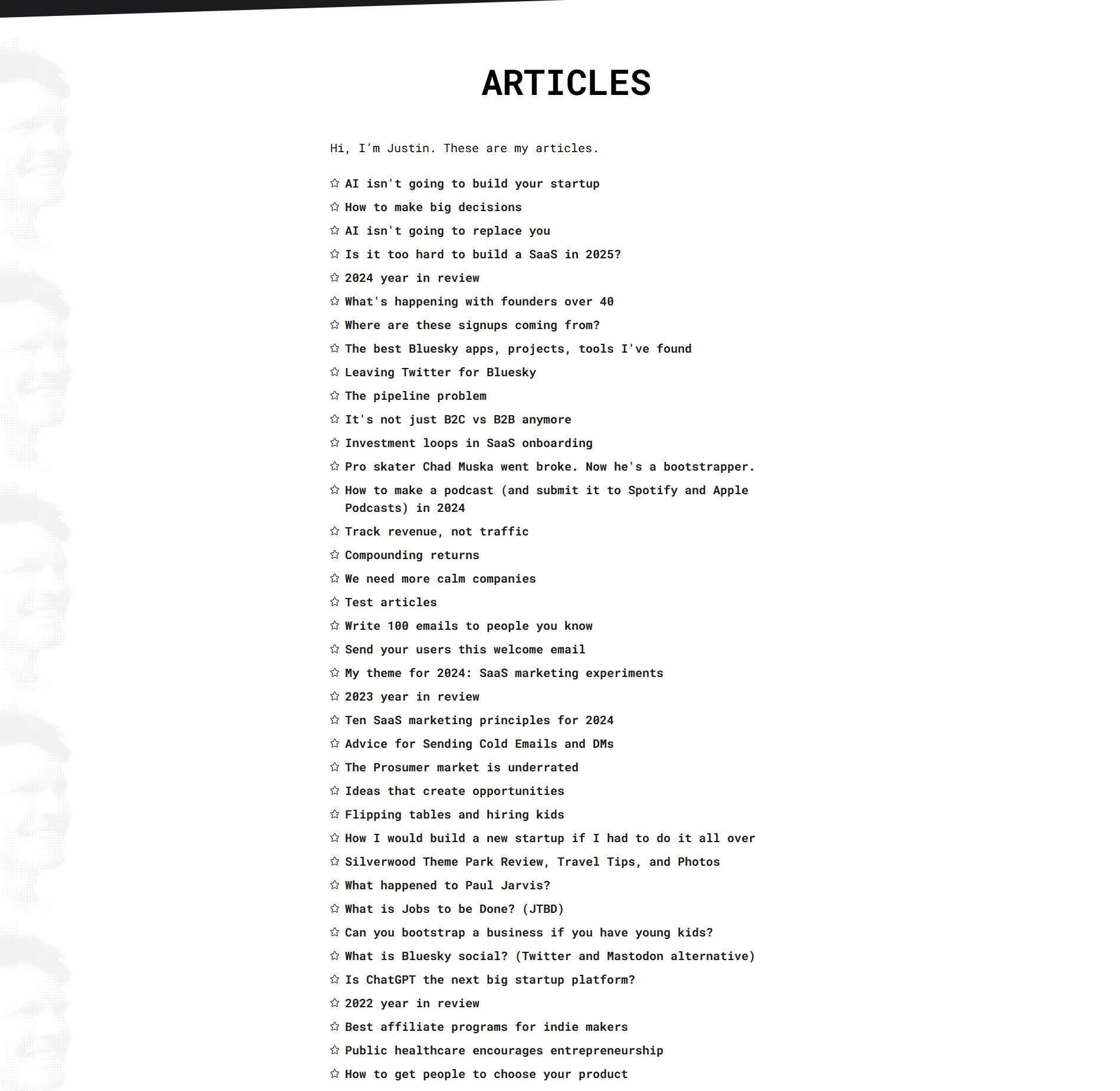 A second screenshot of Justin Jackson's personal website homepage.
