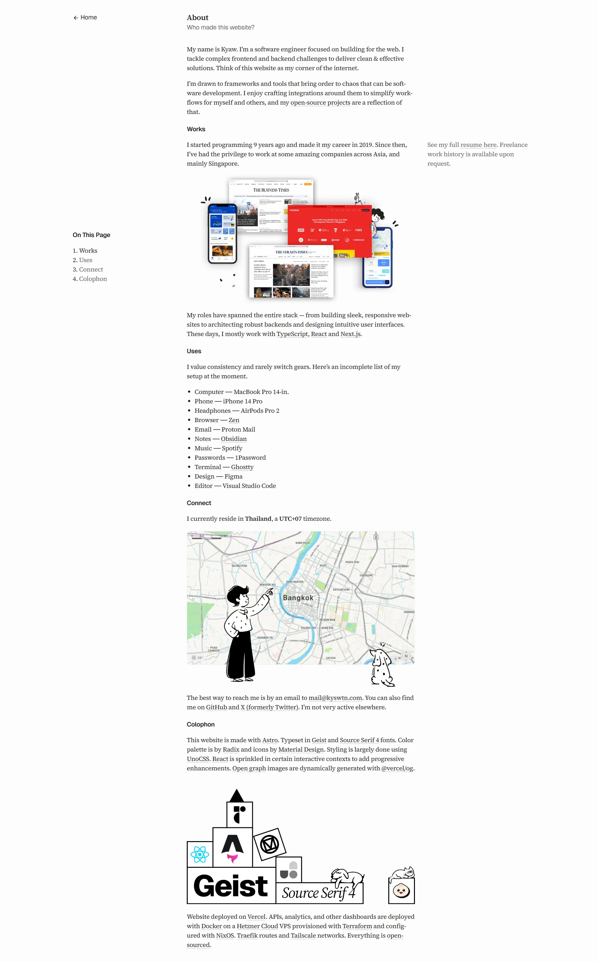 A second screenshot of Kyaw's personal website homepage.
