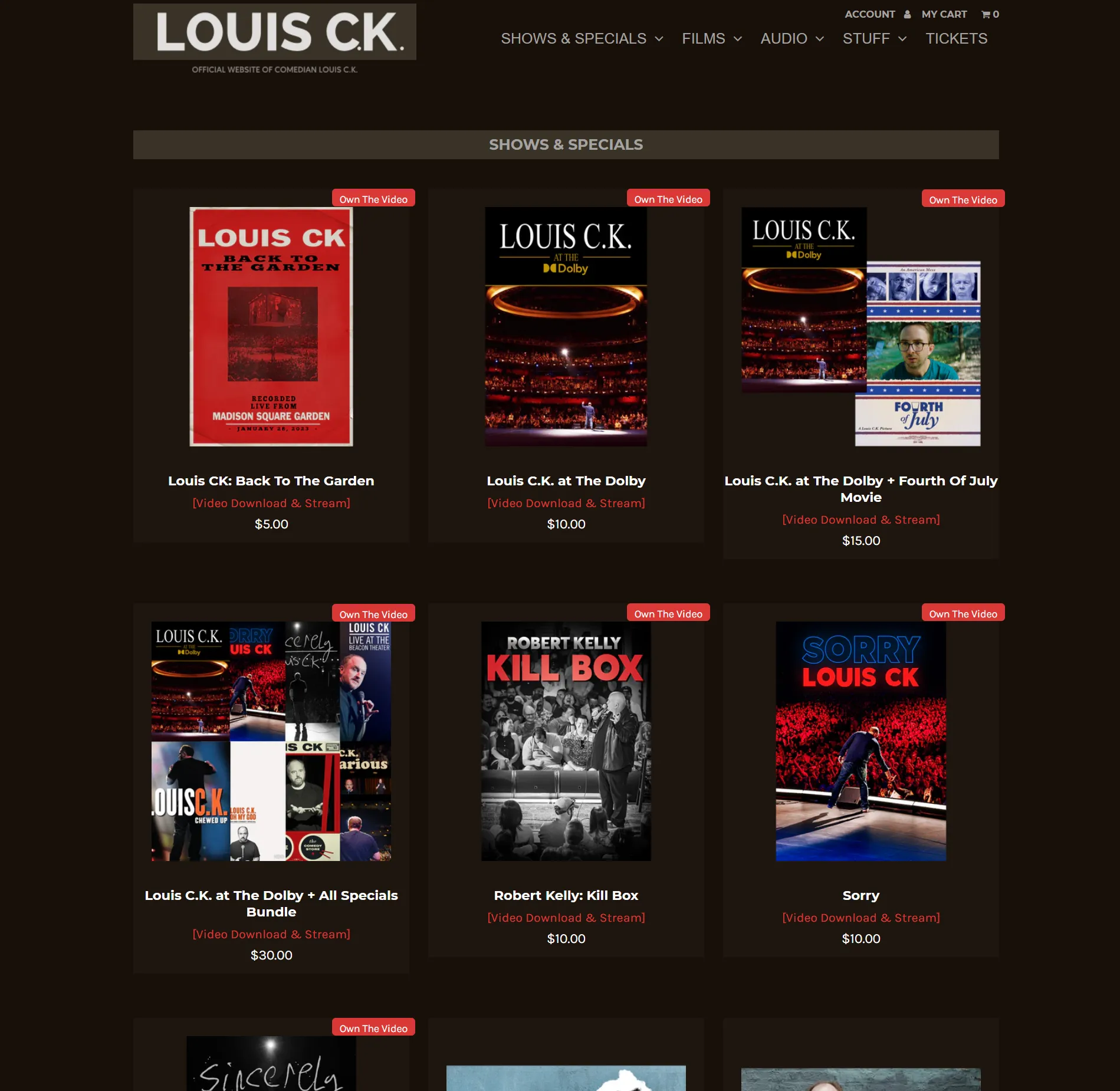 A second screenshot of Louis C.K.'s personal website homepage.