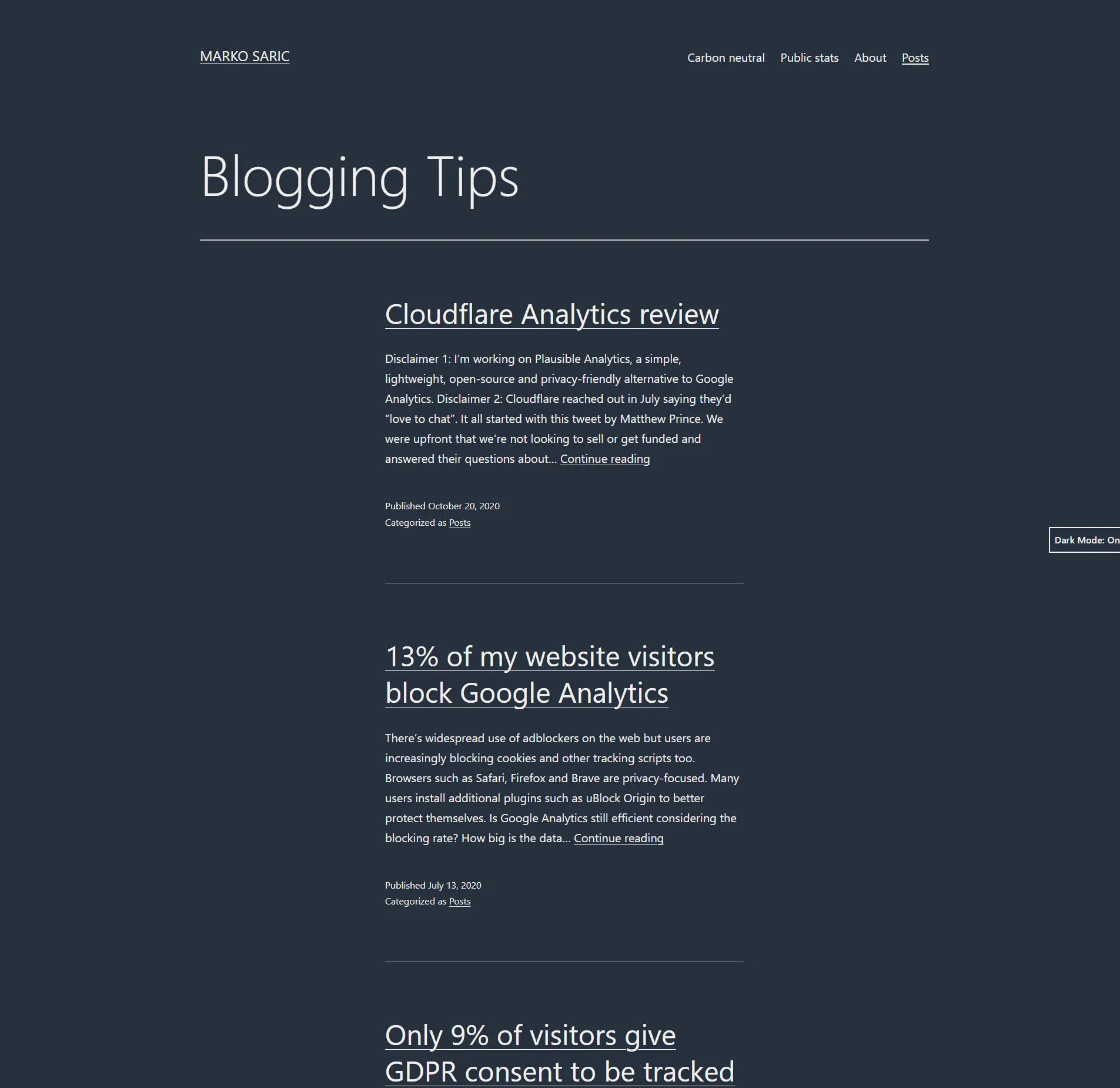 A second screenshot of Marko Saric's personal website homepage.