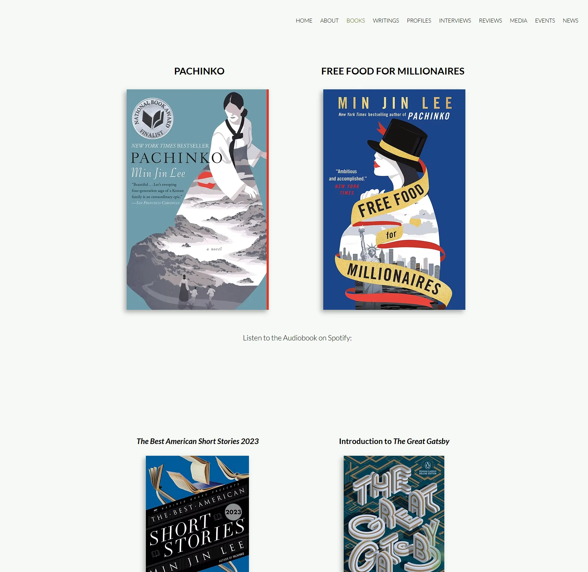 A second screenshot of Min Jin Lee's personal website homepage.