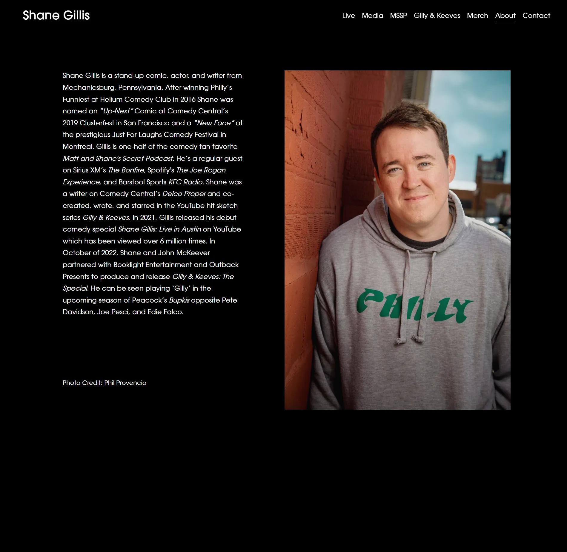 A second screenshot of Shane Gillis's personal website homepage.