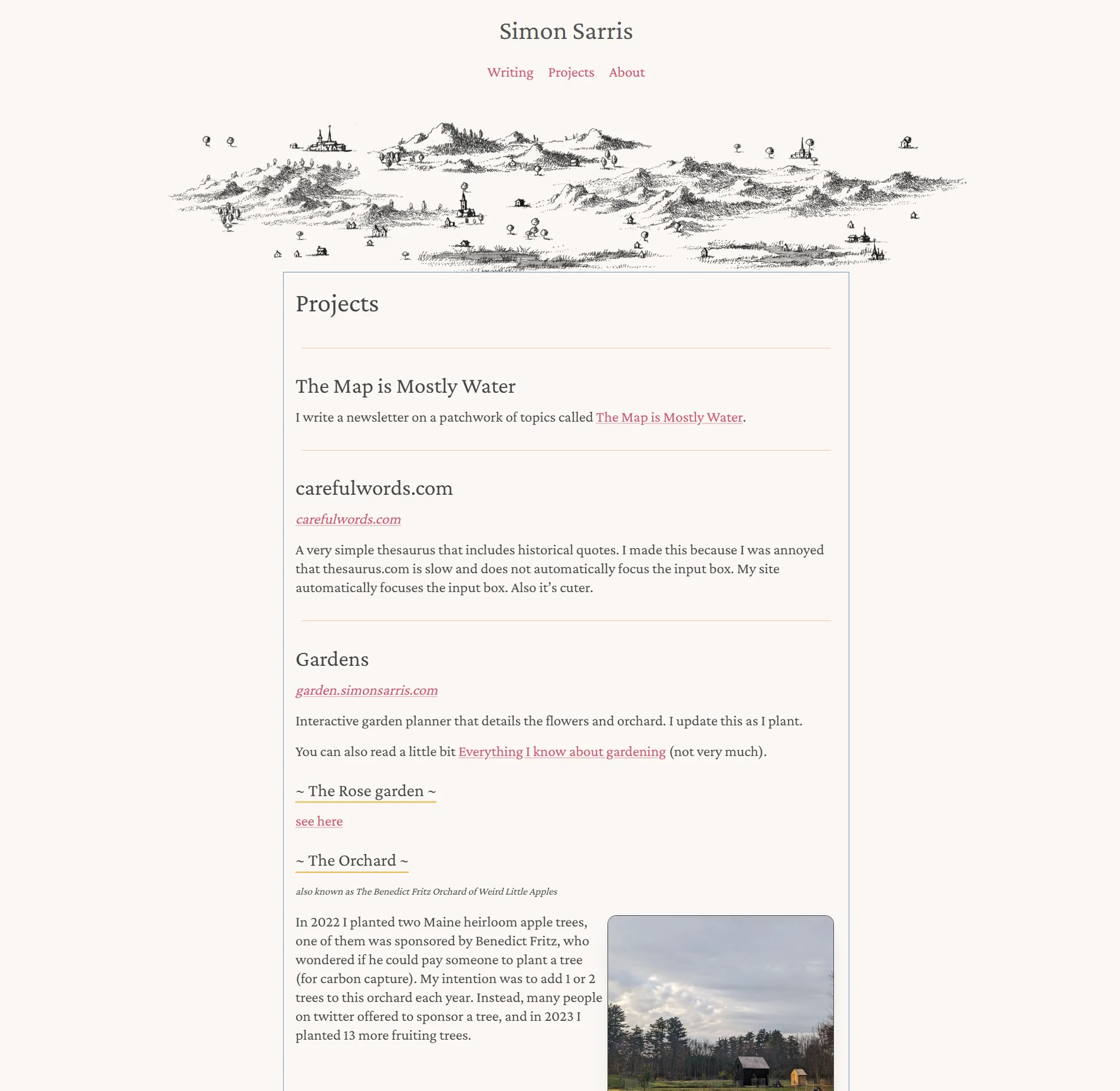 A second screenshot of Simon Sarris's personal website homepage.